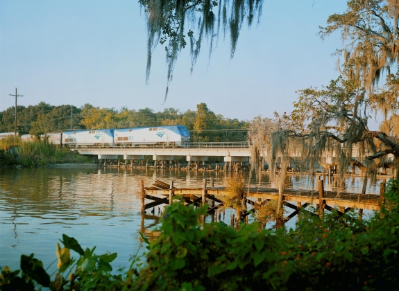 The Sunset Limited Train going over a bridge
