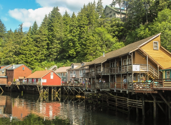 Suspended houses on a small Alaskan river in Skagway ,Alaska