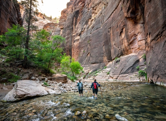 Backpacking women with hiking sticks wading through the Narrows of Zion National Park.