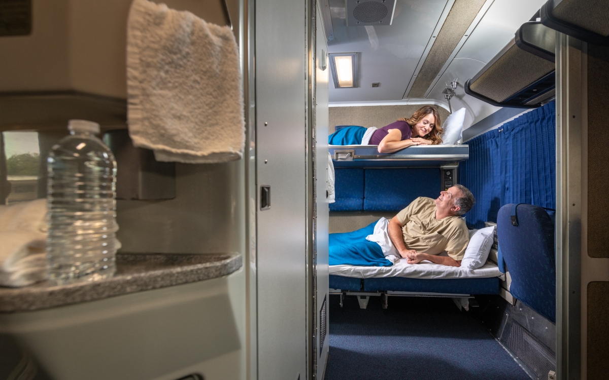 couple in amtrak bedroom suite
