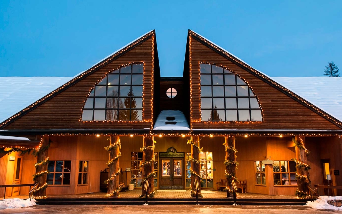 winter lights at Grouse Mountain Lodge in Whitefish, Montana