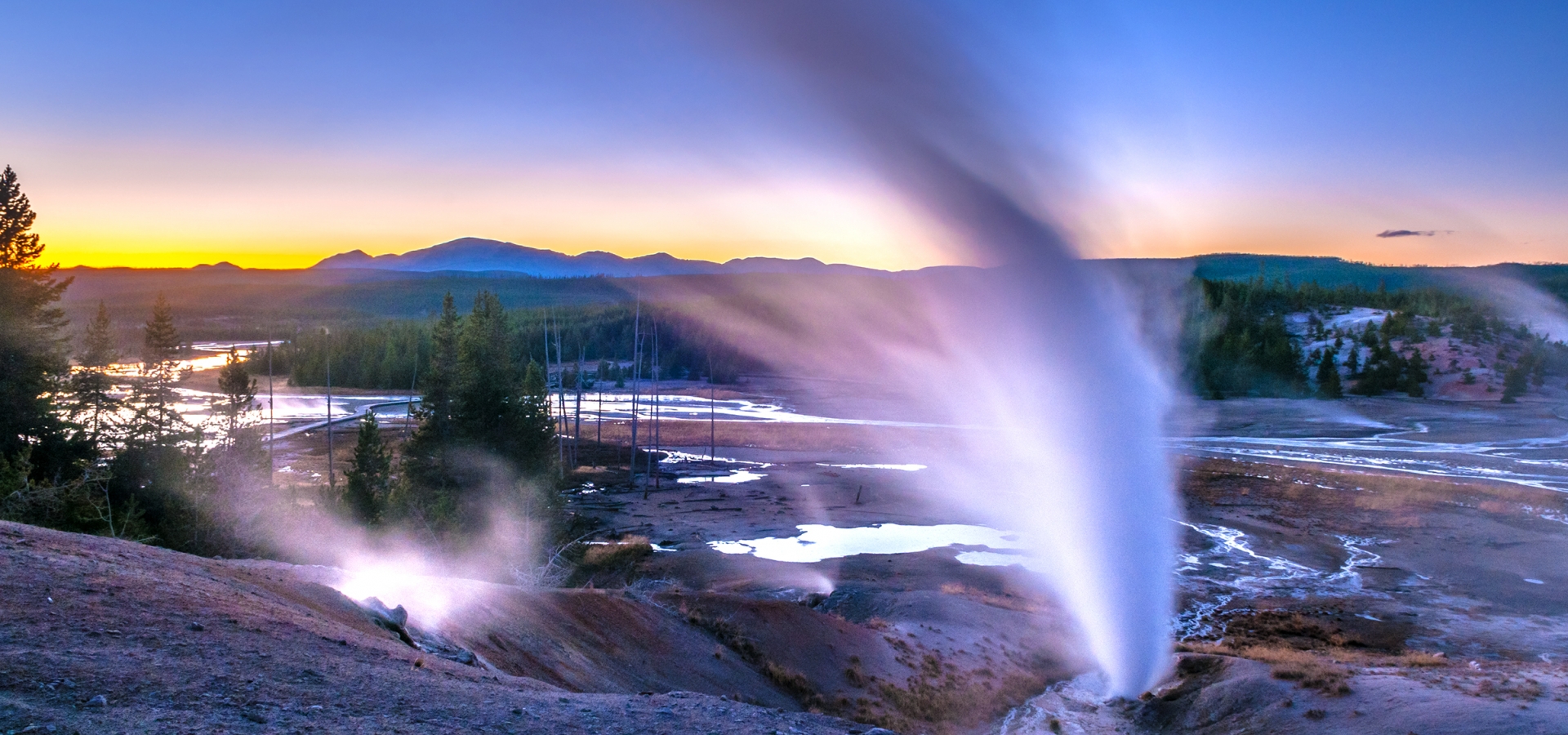 Beautiful Vibrant Geysers in Norris Basin Yellowstone after Sunset