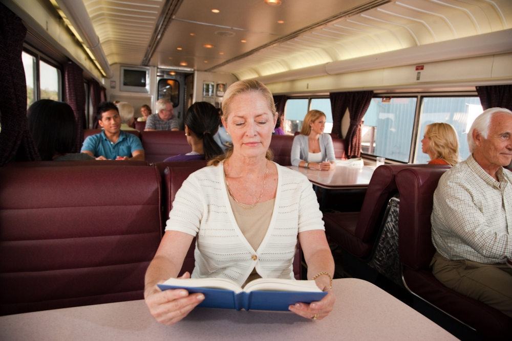 Woman Reading Book in Lounge Car