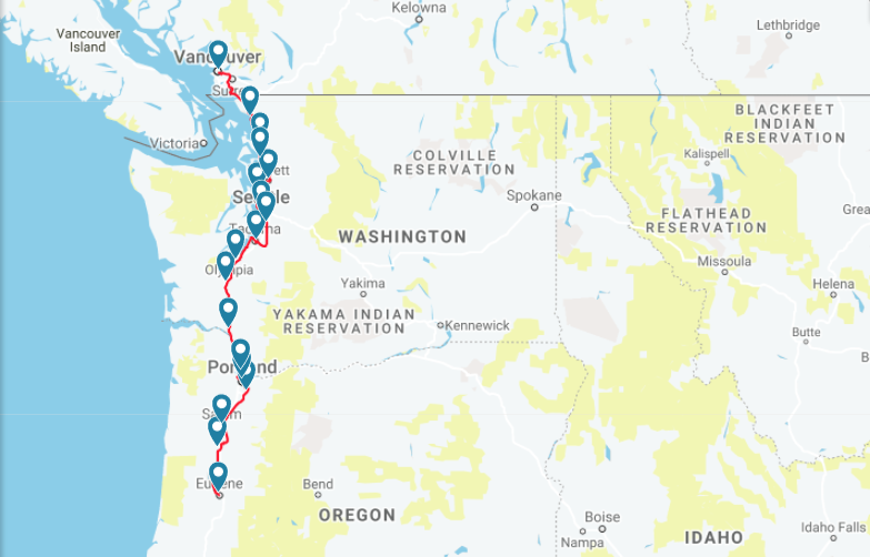 Amtrak Cascades train route map